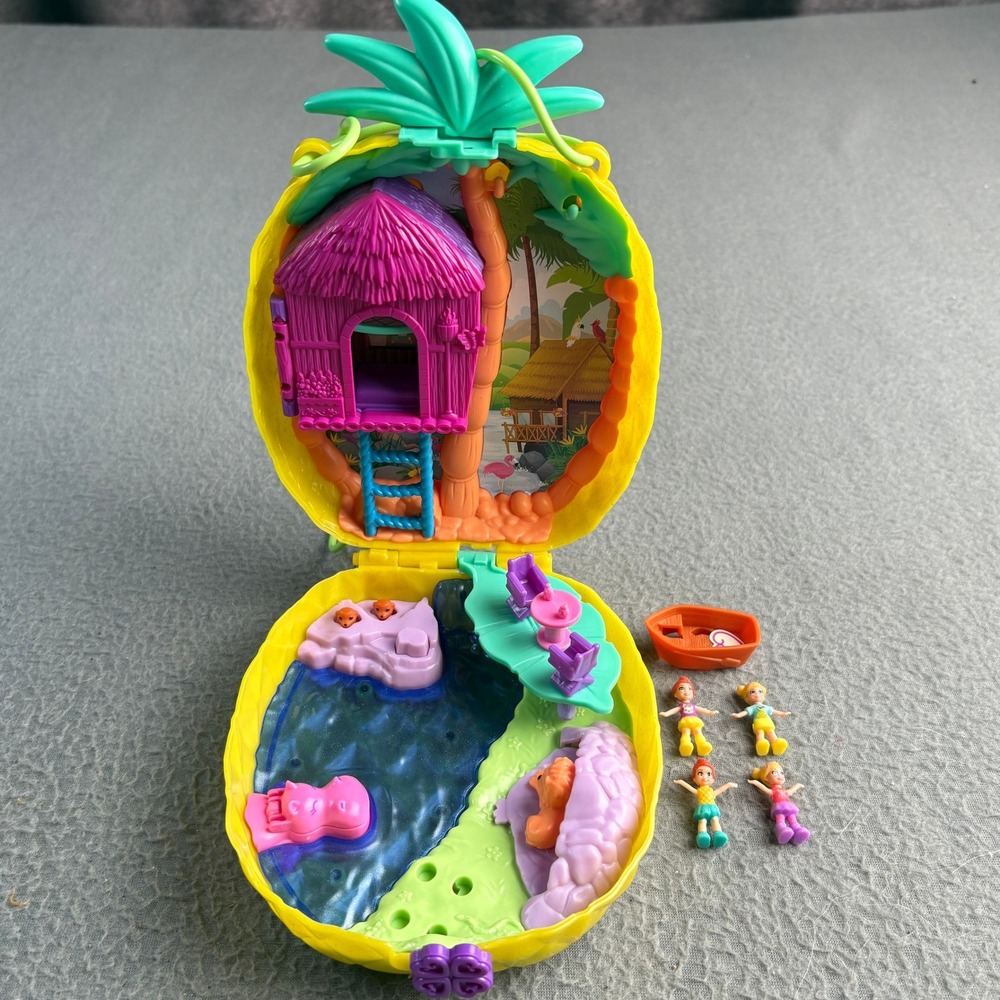 Polly Pocket Tropical Pineapple Purse Compact Safari Playset with 4 Dolls